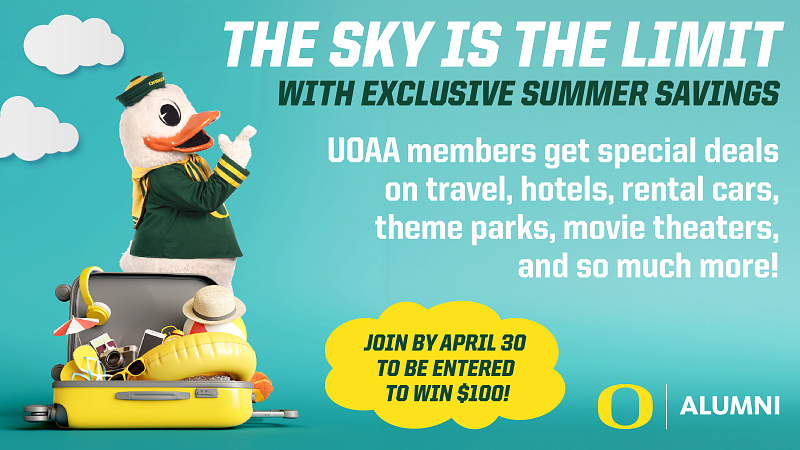 graphic shows UO Duck with details for travel discounts exclusive for UOAA members